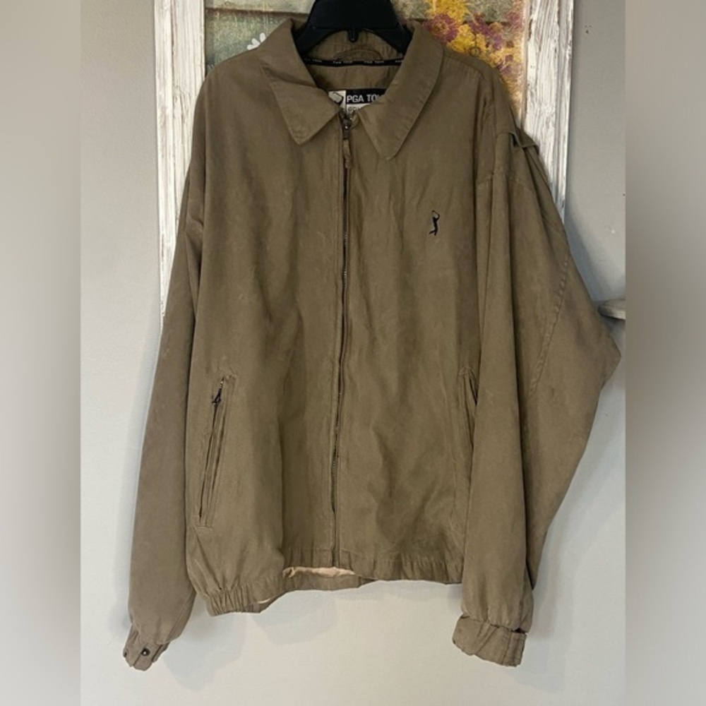 PGA Tour Collection Golf Tournament Polyester Tan Zip Up Jacket Sz Lg Zip Pocket